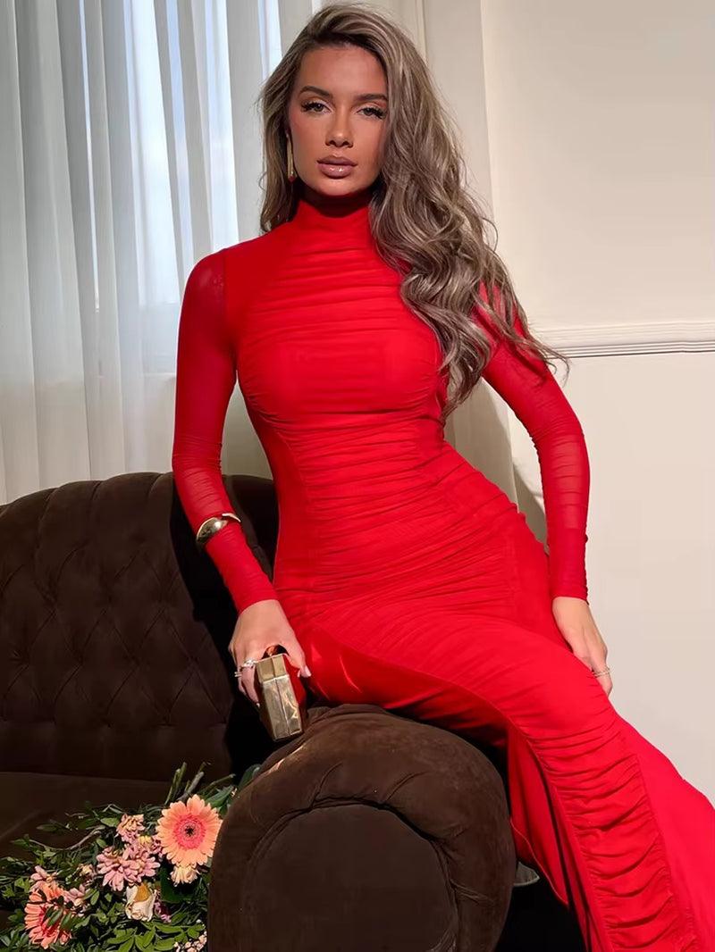 Elegant Double Layer Mesh Patchwork Long Sleeve Maxi Dress for Women - Perfect for Evening Parties and Club Events 2025