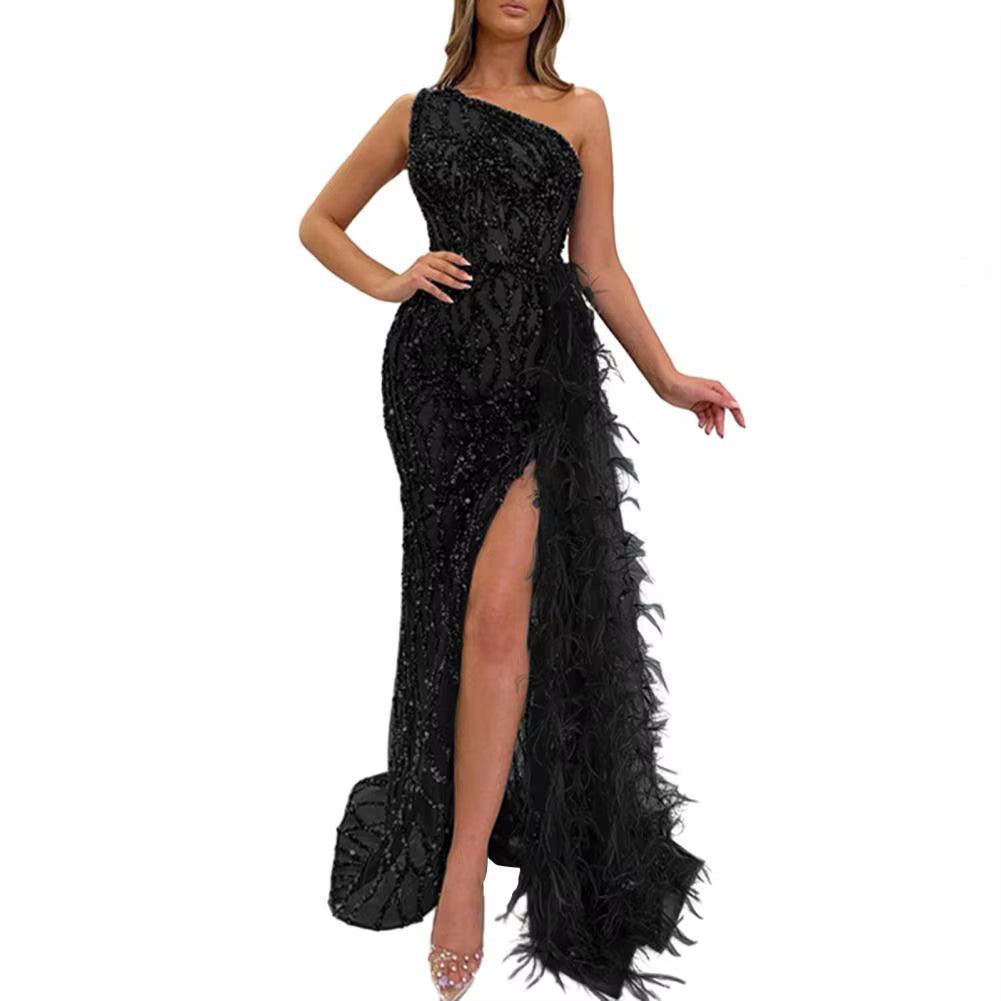 Women Bronzing Sequin Dress Elegant One Shoulder