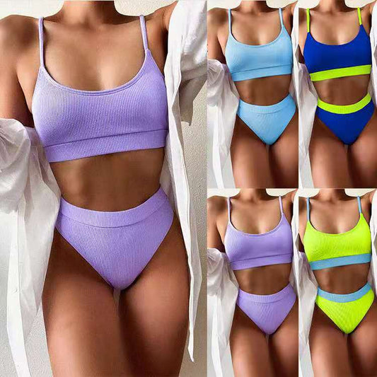 Bikini swimwear: Fashionable and , high-waisted, multi-color, patchwork, two-piece women's swimwear