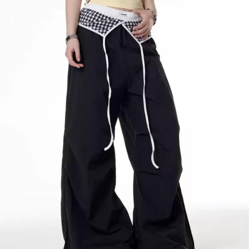 Retro Spicy Girl Plaid Stitching Design Wide-leg Pants For Women