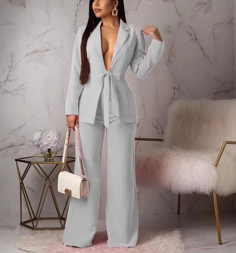 New 2025 Women'S Formal Business Suit Sets Office Wear Two Piece Blazer Pants Sets Professional Woman Suit with Waist Tied Sets