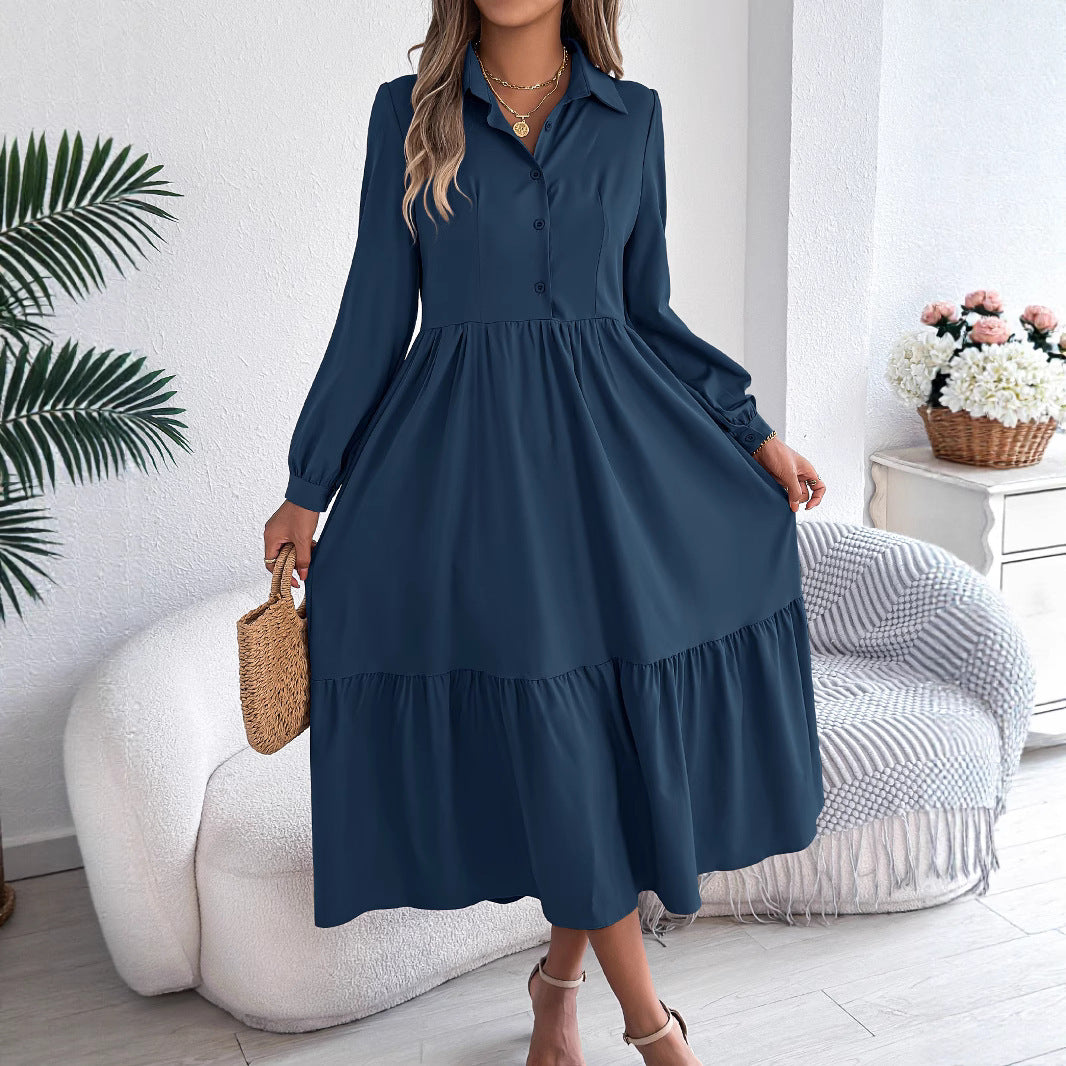 Lapel Casual Loose Long Sleeve Ruffled Shirt Dress