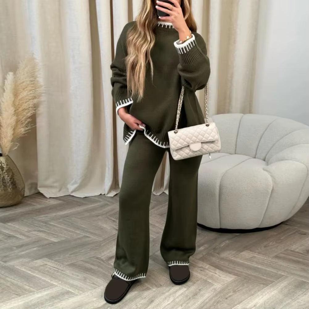 2023 Aliexpress Cross Border Long Sleeve Brown Temperament Wide Leg Pants Fashion Loose High Neck Casual Two Piece Sweater Set