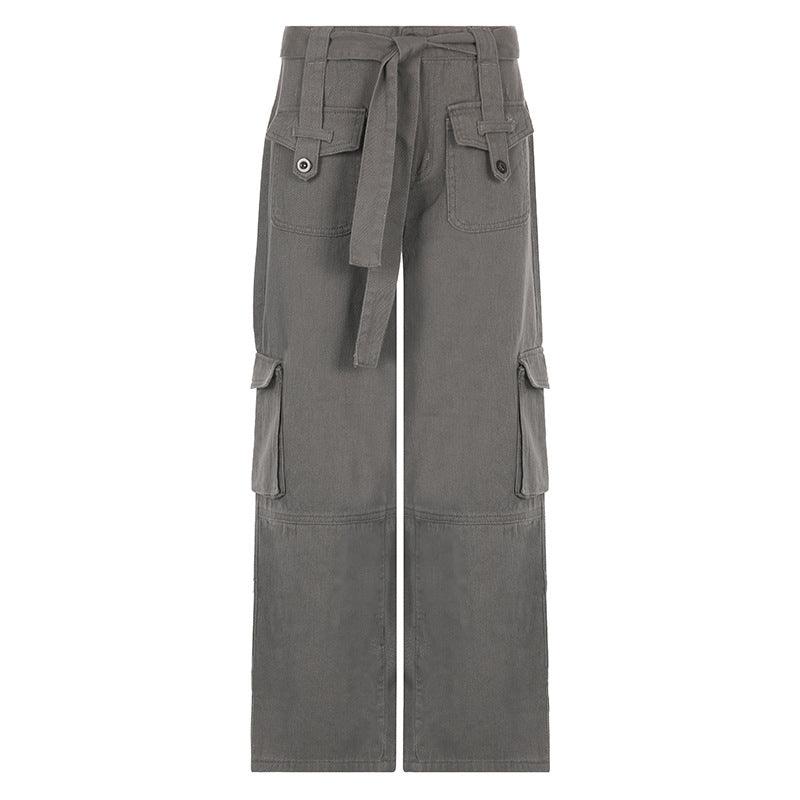Grey Leisure Belt Multi-pocket cargo jeans pants Women