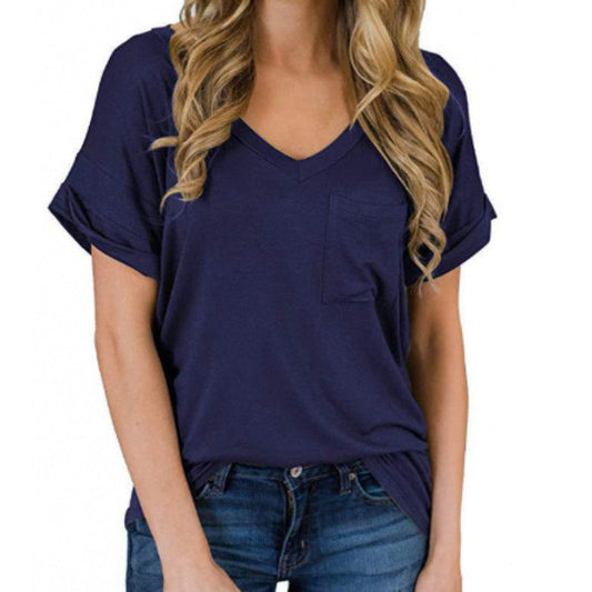 Spring Summer V Neck Pocket T Shirt