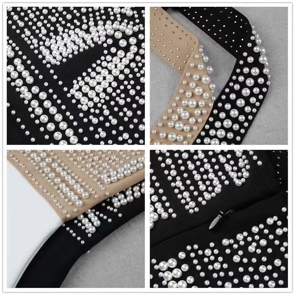 Elegant Black and White Sleeveless V-Neck Beaded Bandage Dress for Evening Events and Parties