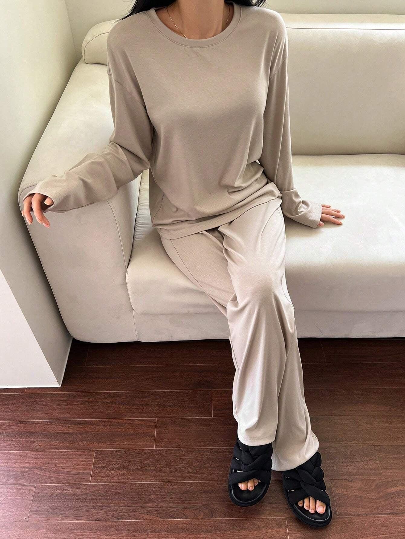 DAZY Women's Solid Color Round Neck Dolman Sleeve Top and Pants Casual Lounge Set