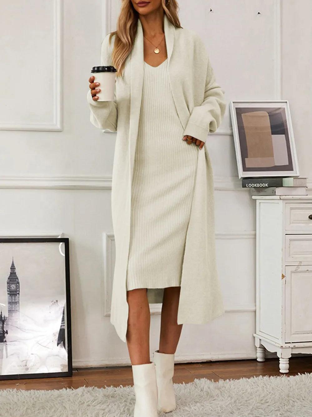 Knitted suit women's elegant vest dress+long cardigan jacket