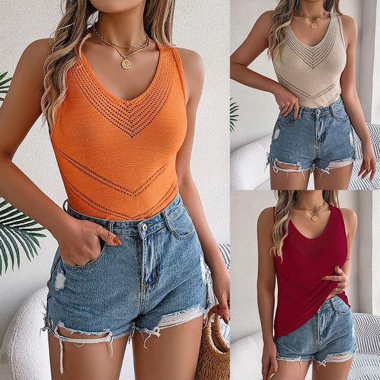 summer casual V-neck openwork knitted sweater vacation top