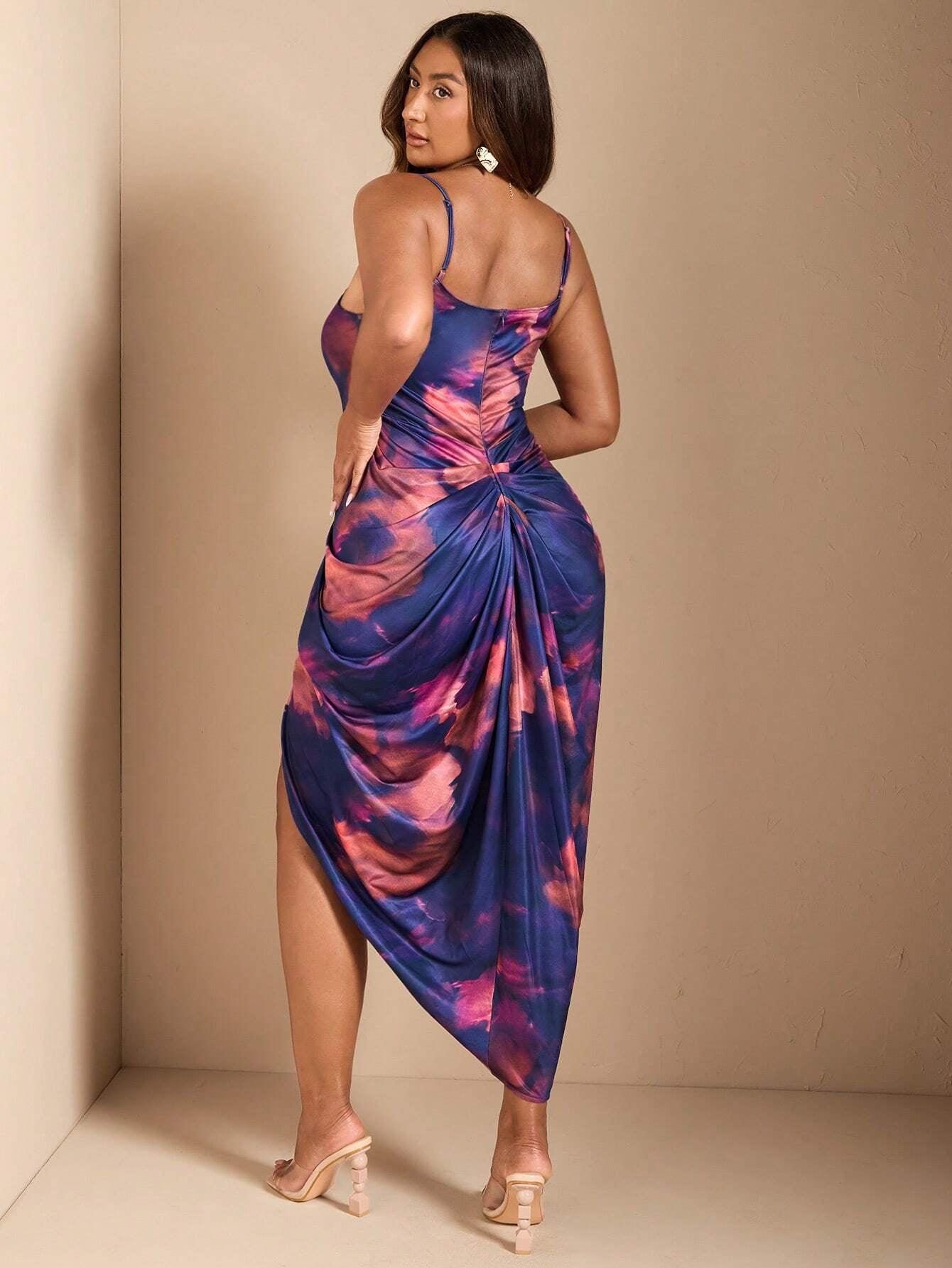 BAE Women'S plus Summer Regular/Festival/Date/Party V-Neck Slit Color Block Tie Dye Printed Dress, Wedding Guest Dress