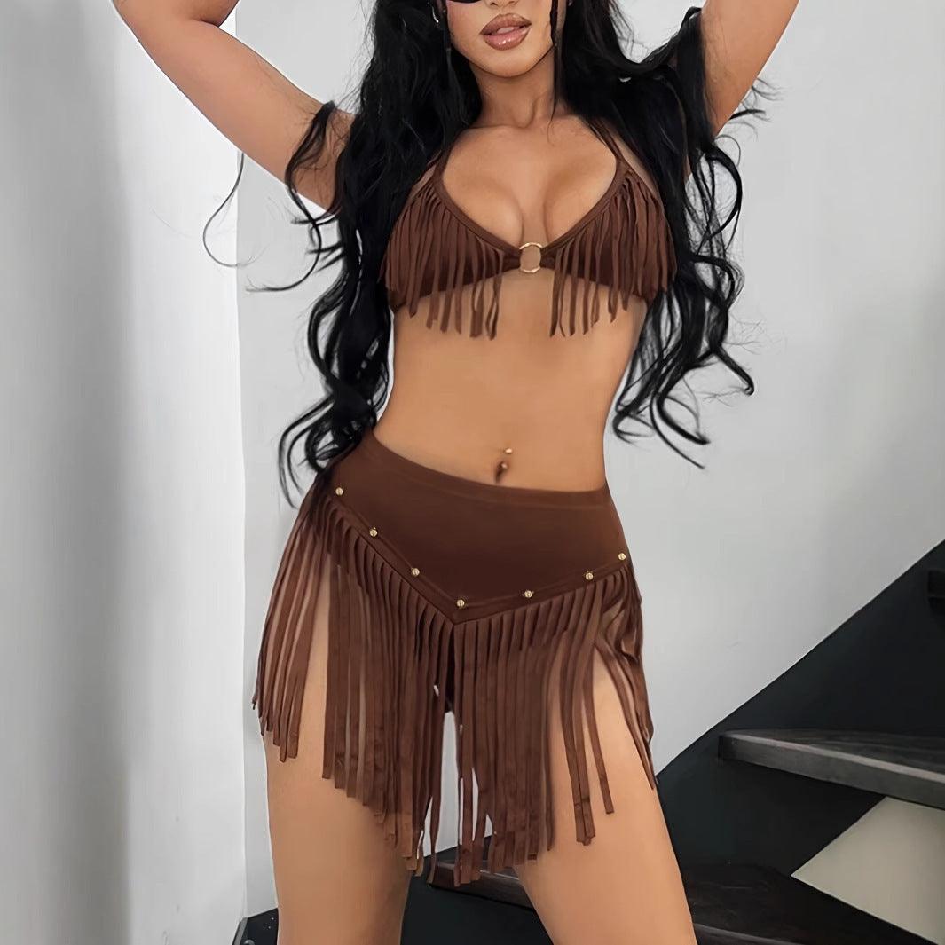 Women's Holiday Style Tassel Hanging Neck Backless Vest Set