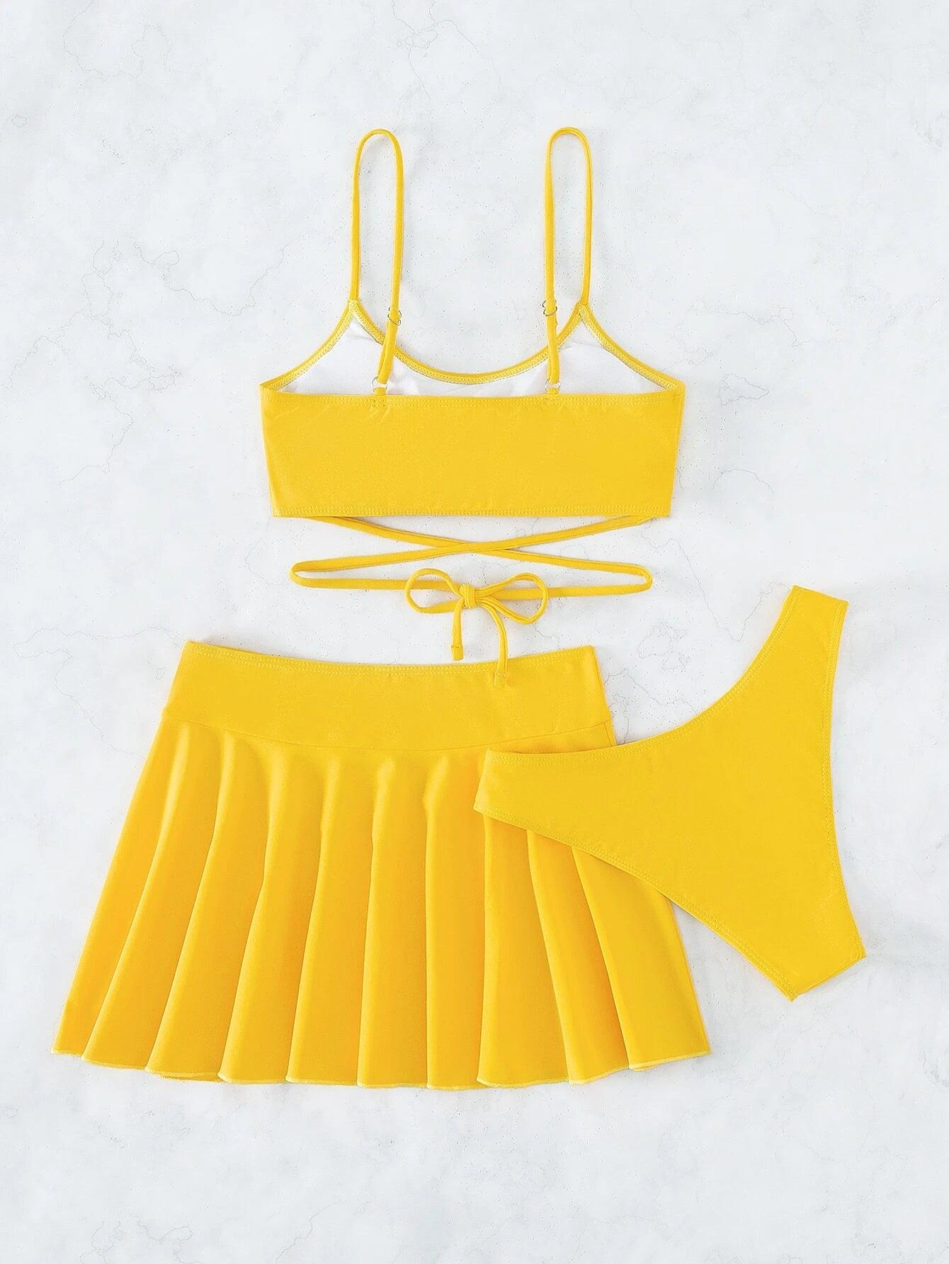 Swim Summer Beach Plain Bikini Set with Beach Skirt