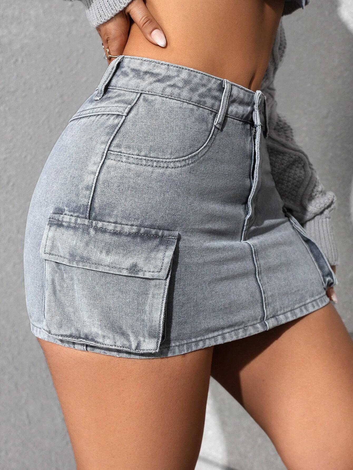 ICON Washed Fitted Mini Denim Cargo Skirt