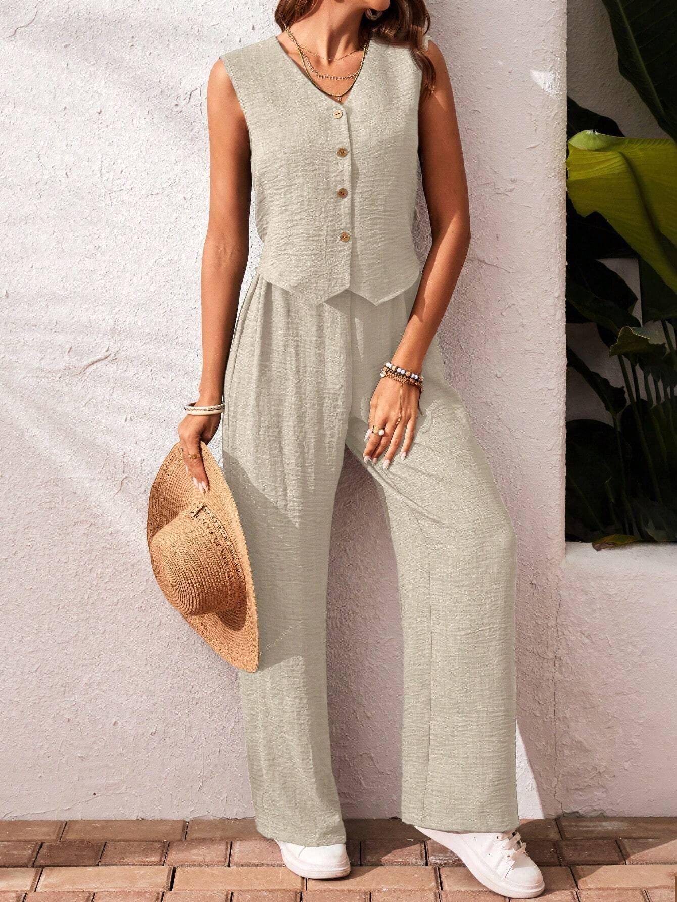 Frenchy Women'S Solid Color Front Button Sleeveless Blouse and Long Pants Casual Suit Set Fall Women Outfits Women Outfit Sets Winter Women Sets