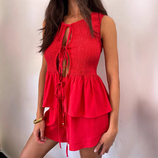 Lace-up Sleeveless Backless Top High Waist Shorts Suit