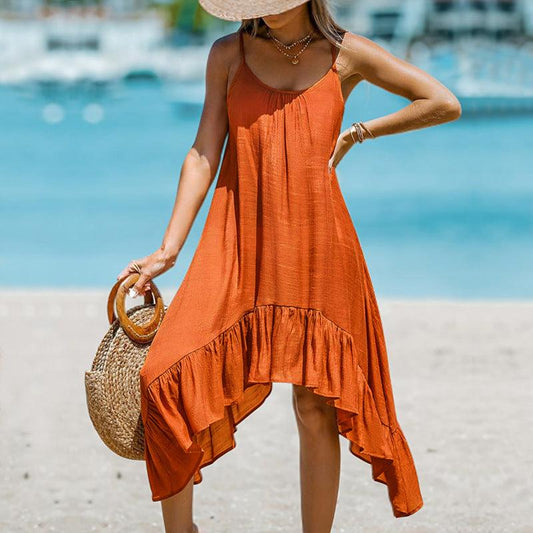 Women's Fashion Solid Color Sling Casual Irregular Dress