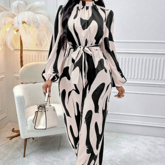 Long Sleeved Full Printed Cold Shoulder Lantern Sleeves Jumpsuit With Elegant Orientation