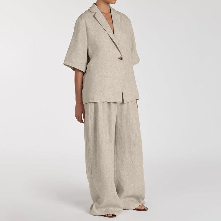 Linen Commuter Lapel Half Sleeve Cardigan Top Loose Wide Leg Pants Two-piece Set
