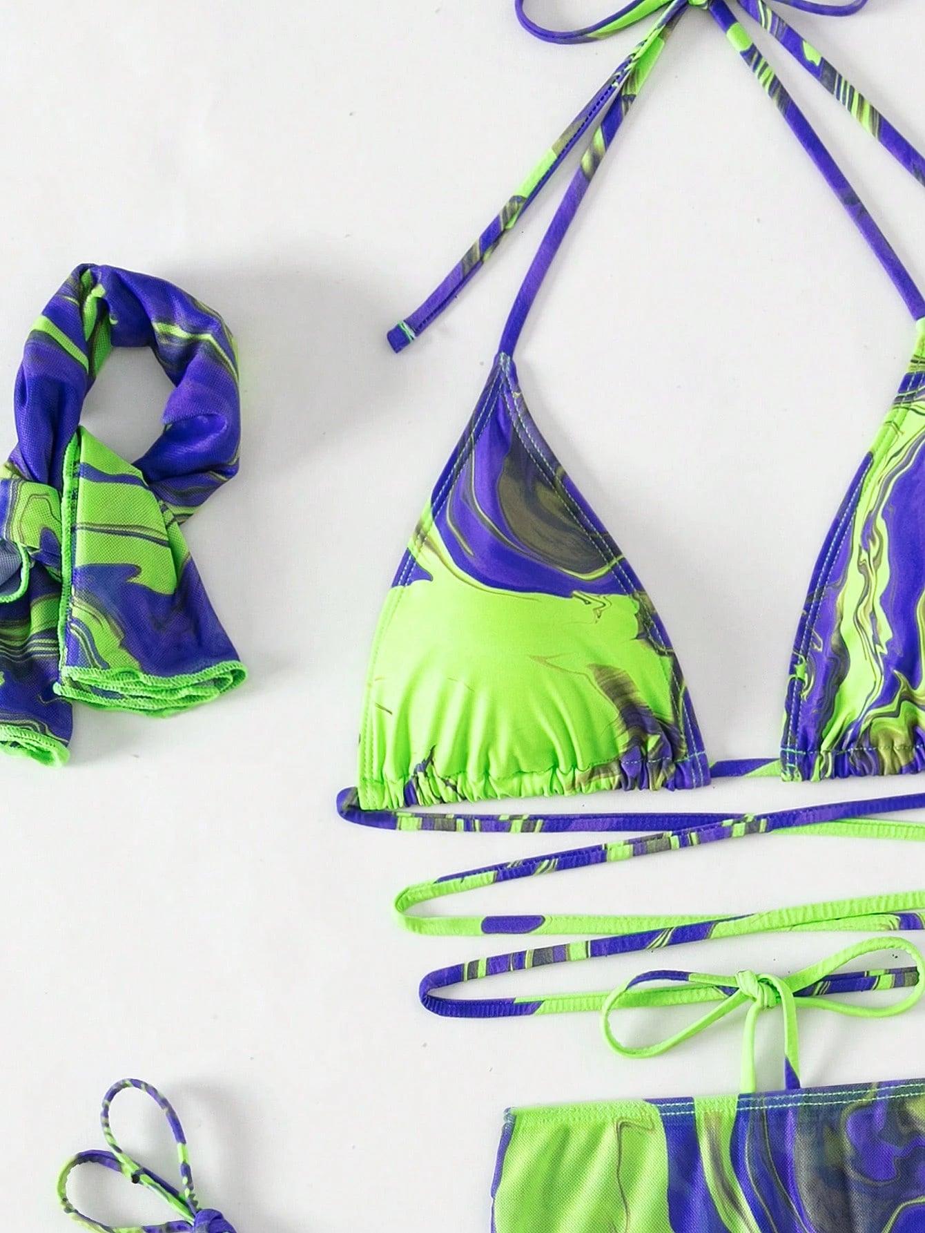 Swim Allover Print Halter Triangle Bikini Set with Beach Skirt 3 Pieces Bikini Summer Beach