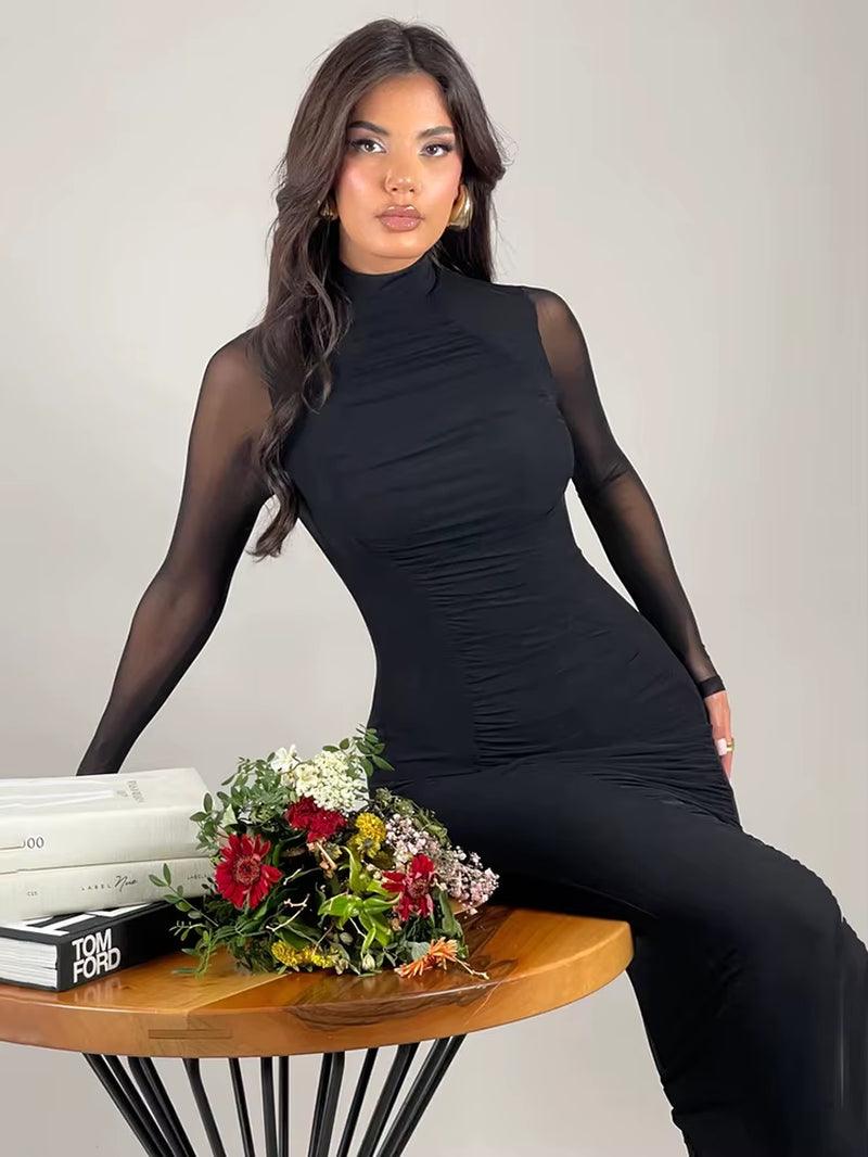 Elegant Double Layer Mesh Patchwork Long Sleeve Maxi Dress for Women - Perfect for Evening Parties and Club Events 2025