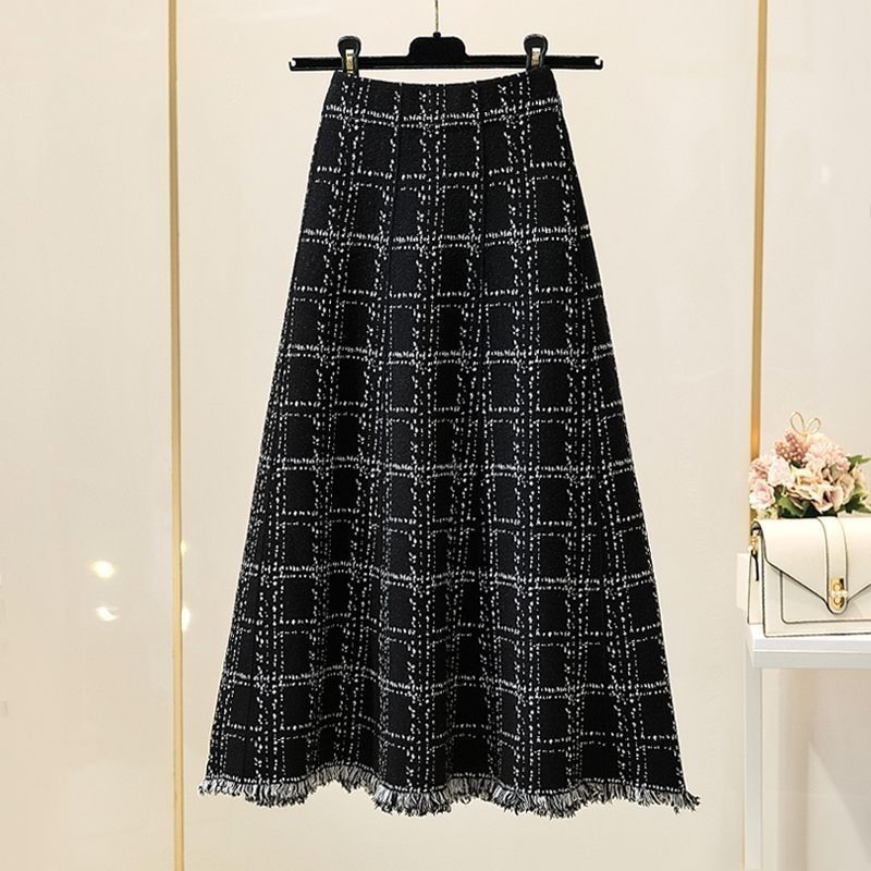 Fringed checkered skirt for women, high-waisted umbrella skirt