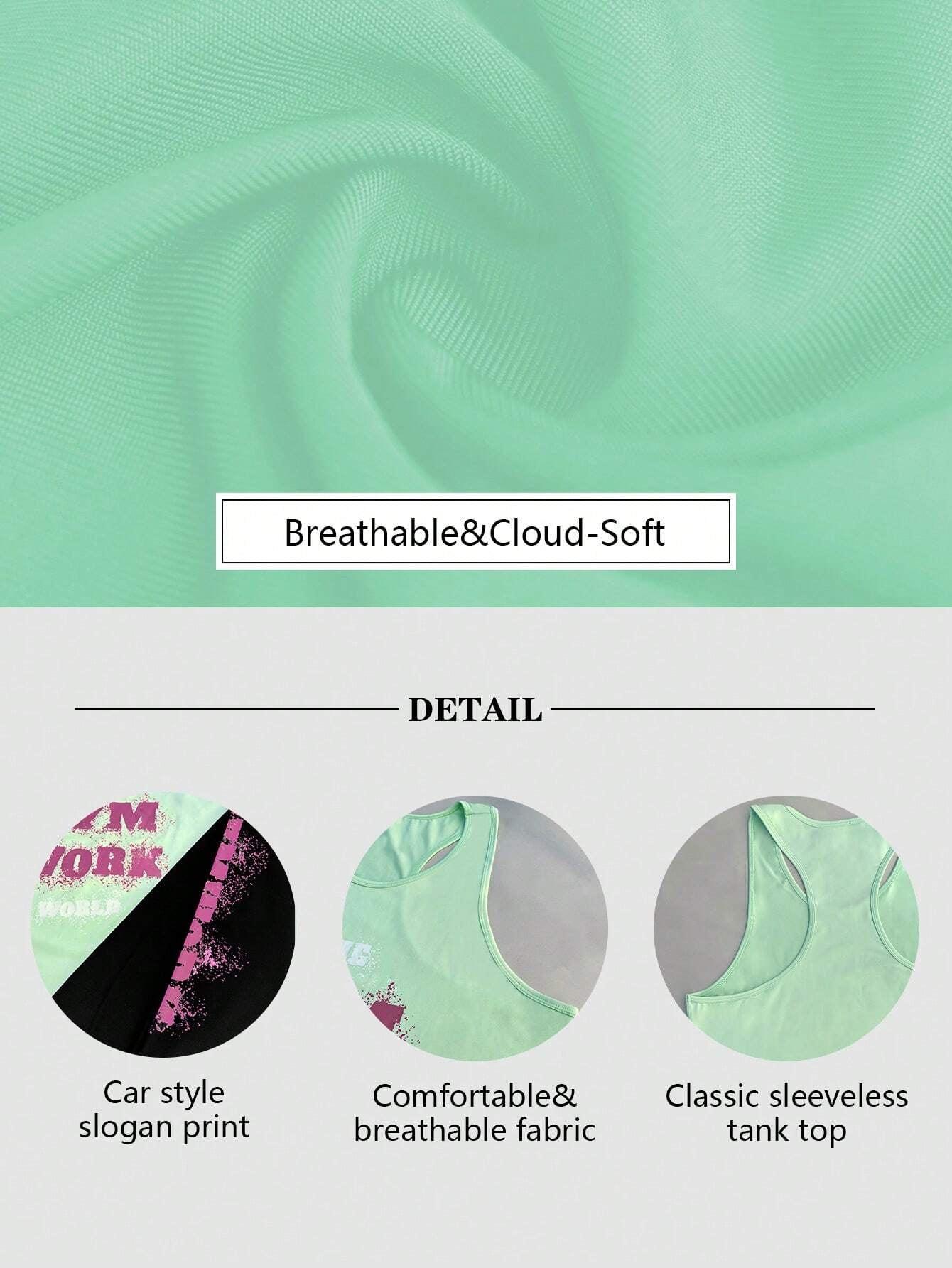 2Pcs Sports Set, Includes Car Style Top and Slogan Printed Leggings