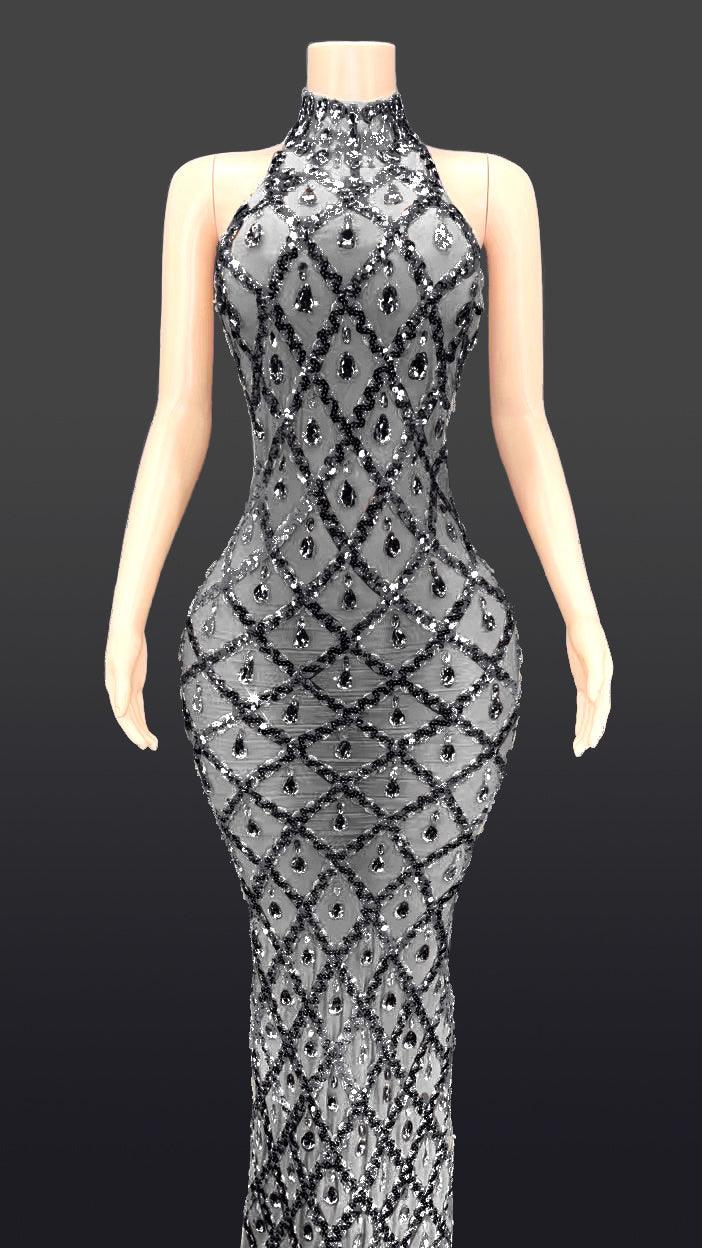 Shiny Rhinestone Silver Dress Women's Evening Party Gown