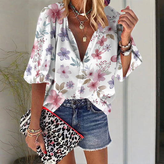 Womens Button Down Little Dainty Flower Pattern Shirts 3/4 Sleeve Dressy Casual Tops