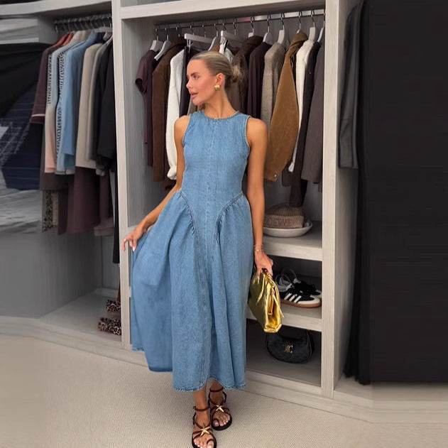 Summer New Sleeveless Backless Lace Up Denim Skirt For Women
