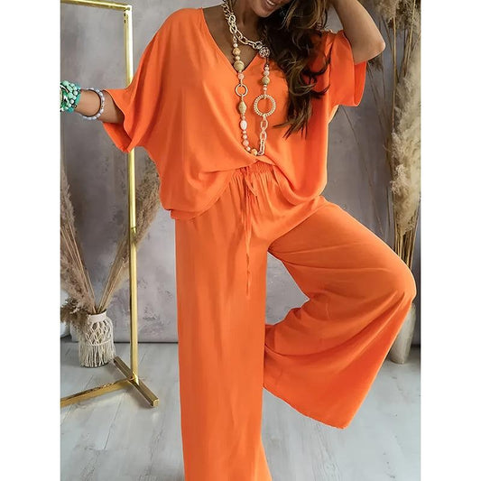 2 Piece Outfit, Casual Solid Color V-Neck Half Sleeve Top And Wide Leg Pants Lounge Set