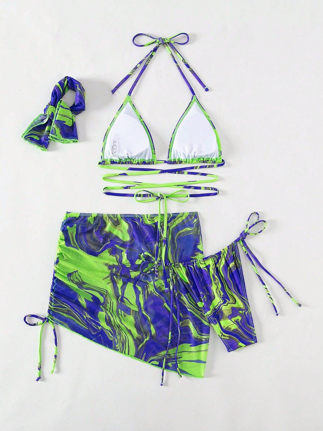 Swim Allover Print Halter Triangle Bikini Set with Beach Skirt 3 Pieces Bikini Summer Beach