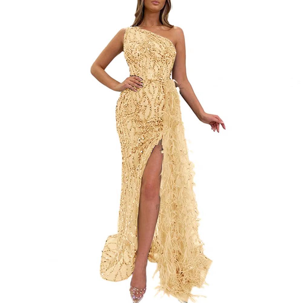 Women Bronzing Sequin Dress Elegant One Shoulder