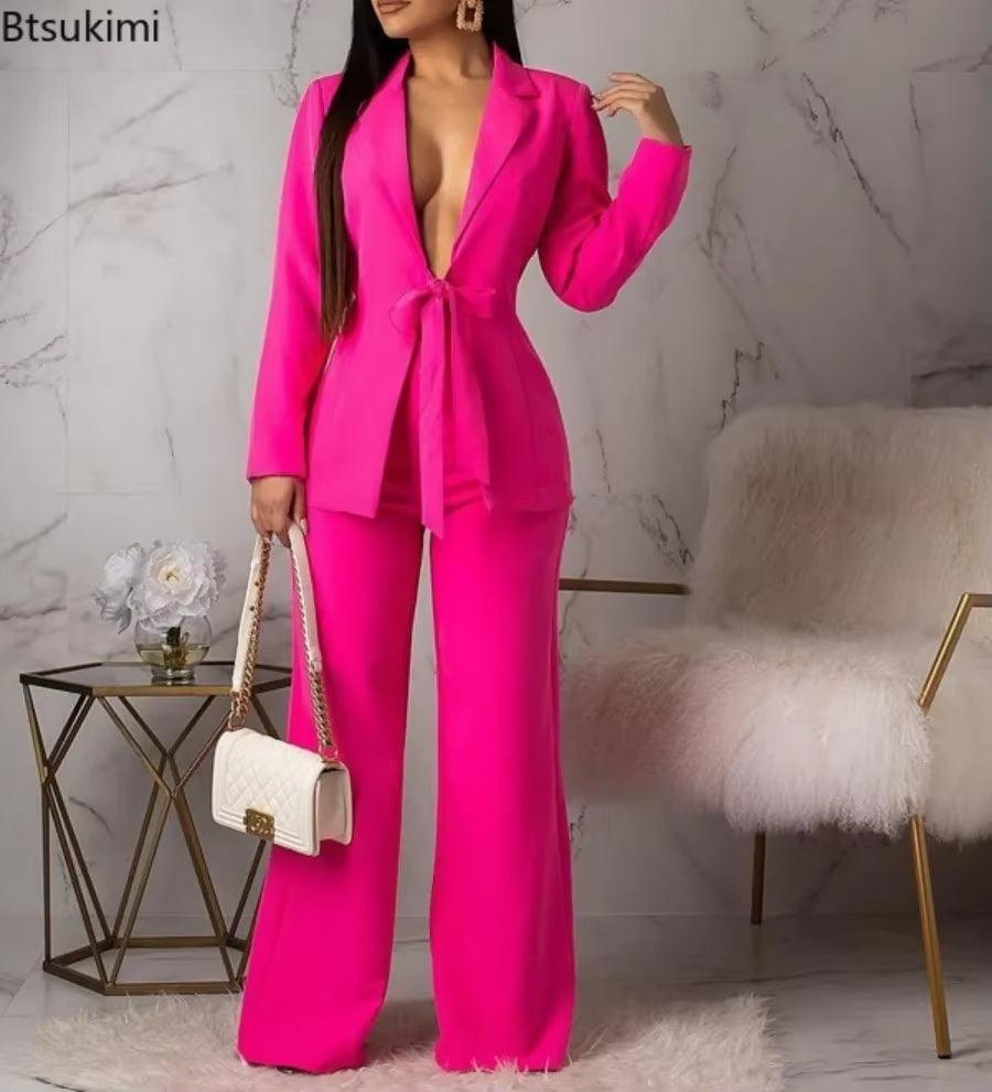 New 2025 Women'S Formal Business Suit Sets Office Wear Two Piece Blazer Pants Sets Professional Woman Suit with Waist Tied Sets