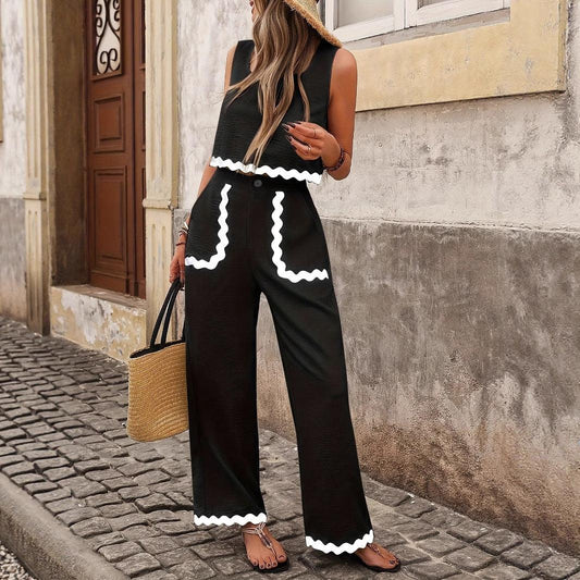 Women's Casual Square Neck Sleeveless Short Top And Straight Leg Pants Set