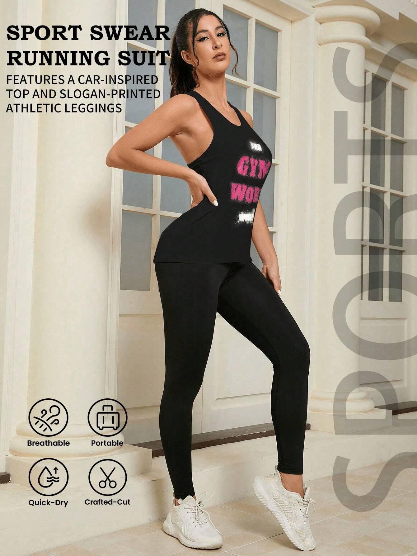 2Pcs Sports Set, Includes Car Style Top and Slogan Printed Leggings