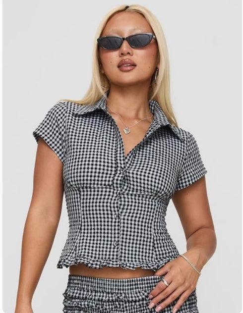 retro Spice Girl plaid lapel shirt waist slimming short-sleeved top woman
