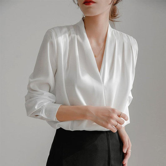 shirt women long sleeve design retro silk top professional satin shirt