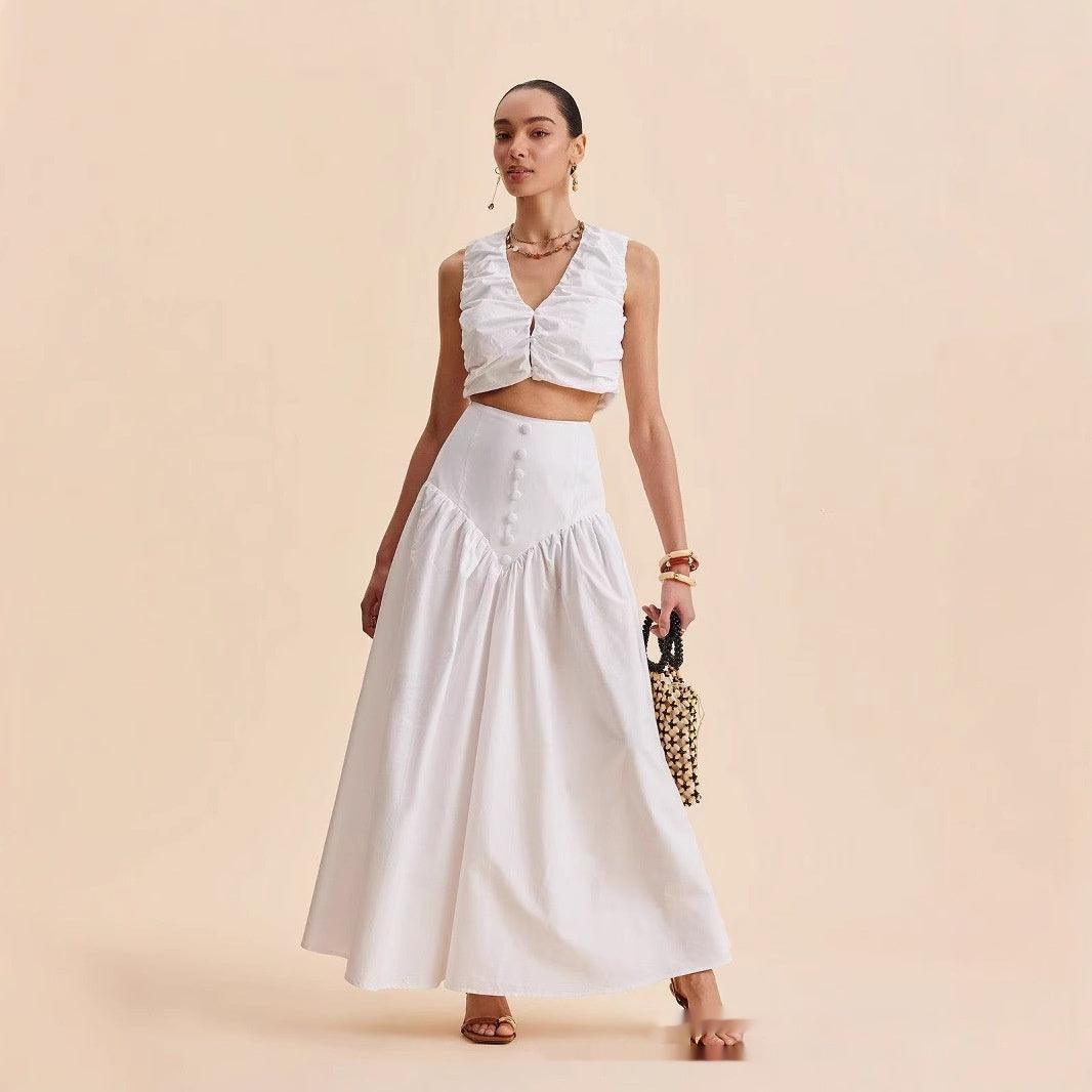 French White Stitching Clinch High Waist Dress