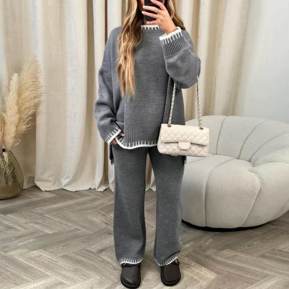 2023 Aliexpress Cross Border Long Sleeve Brown Temperament Wide Leg Pants Fashion Loose High Neck Casual Two Piece Sweater Set