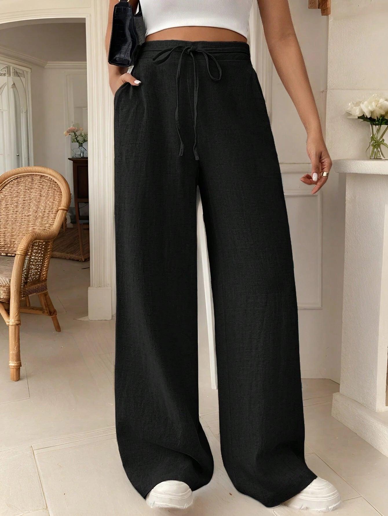 Frenchy Women'S Drawstring Pocket Straight Wide-Leg Comfortable Casual Elegant Pants Linen Striped Trousers Teacher Pants Teacher Clothes Fall Outfits Back to School Commute Minimalist Office Old Money Simple