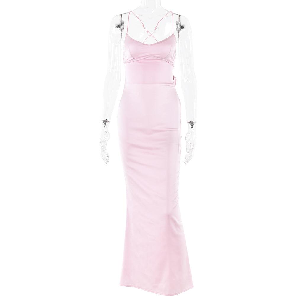 Women's  ribbon satin dress fall new fashion halter strap waist full skirt