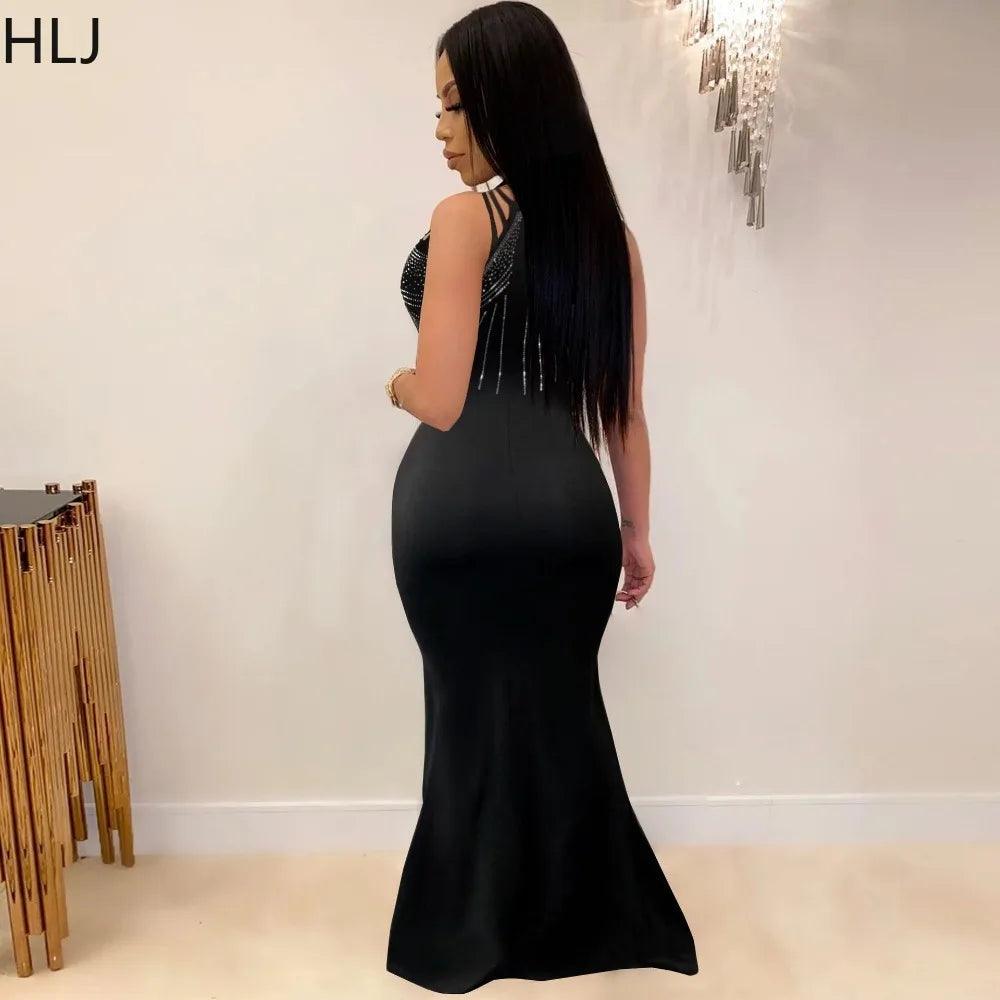Black Fashion Luxury Rhinestone Evening Party Floor Dress Women Round Neck