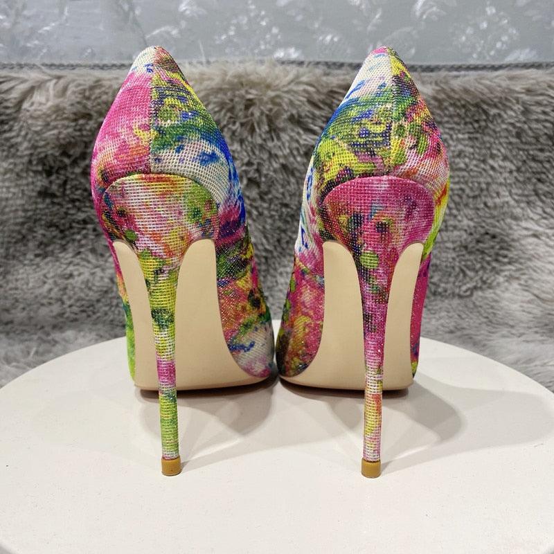 Tikicup Floral Bling Sequined Women Pointy Toe High Heel Party Dress Shoes Fashion Designer Slip On Stiletto Pumps 8cm 10cm 12cm