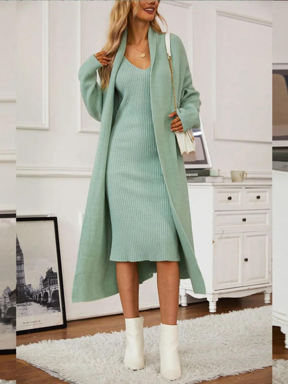 Knitted suit women's elegant vest dress+long cardigan jacket