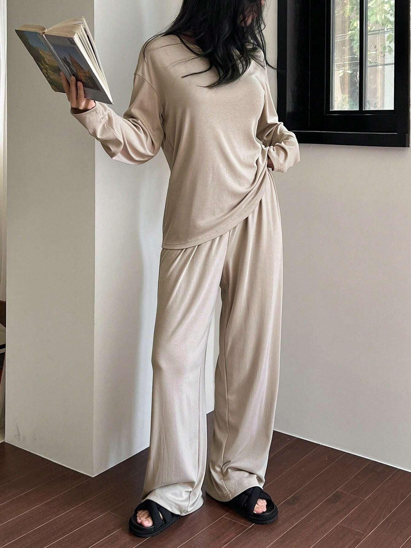 DAZY Women's Solid Color Round Neck Dolman Sleeve Top and Pants Casual Lounge Set