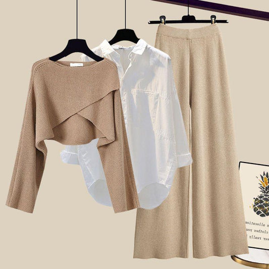 sweater women's new large-size women's shirt wide-leg pants three-piece knitted slimming