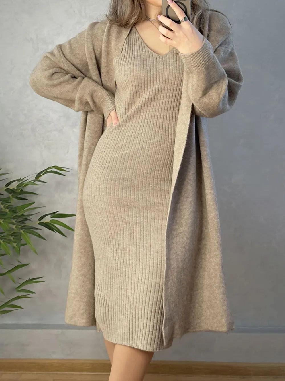 Knitted suit women's elegant vest dress+long cardigan jacket