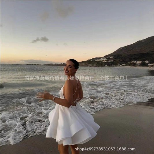 Backless lace up loose pleated high waisted dress