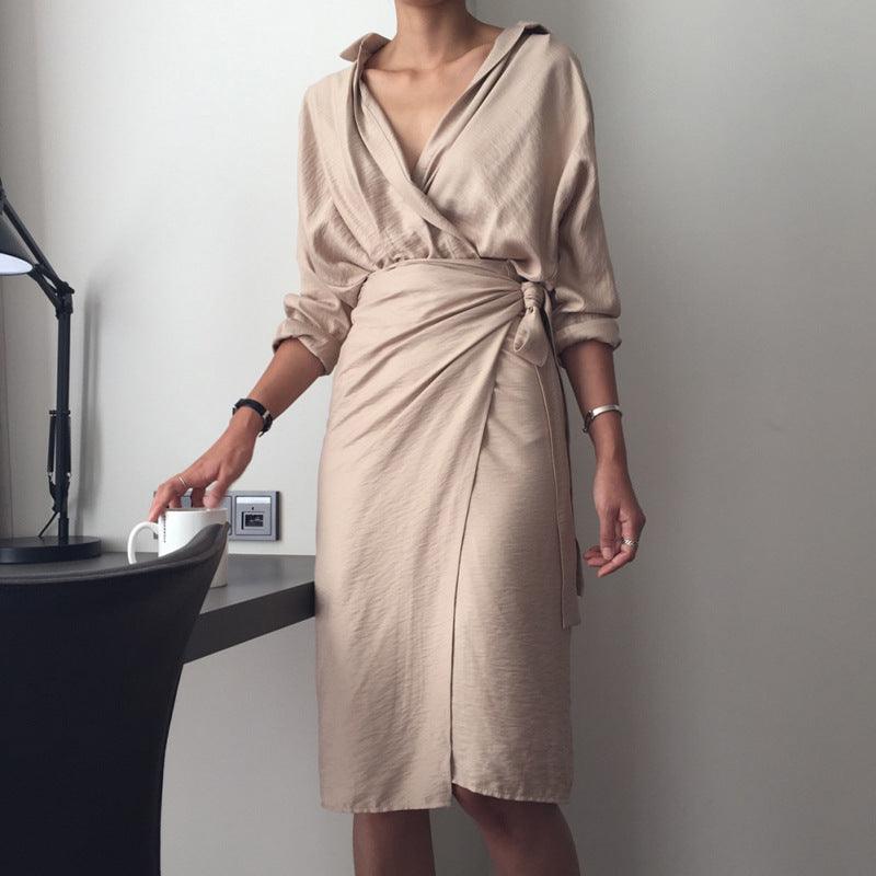 Women's irregular hip wrap strap V-neck long sleeve solid color dress