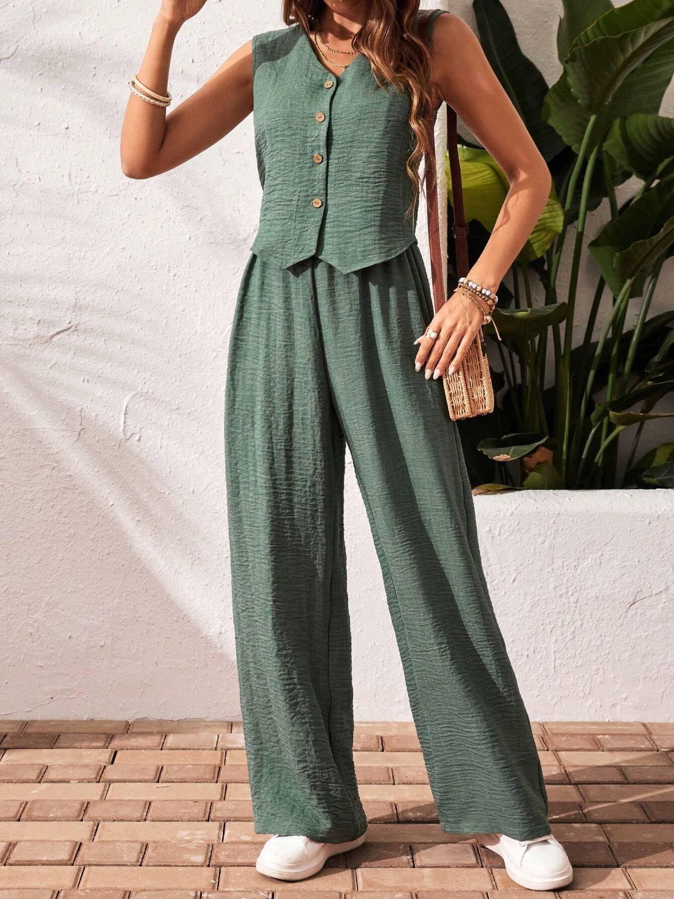 Frenchy Women'S Solid Color Front Button Sleeveless Blouse and Long Pants Casual Suit Set Fall Women Outfits Women Outfit Sets Winter Women Sets